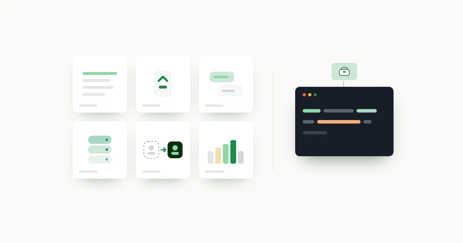 Six separate tiles - a list, a vote arrow, a comment thread, a database, an anonymous avatar turning into an account, and a kanban board - beside one dark code window under a package icon