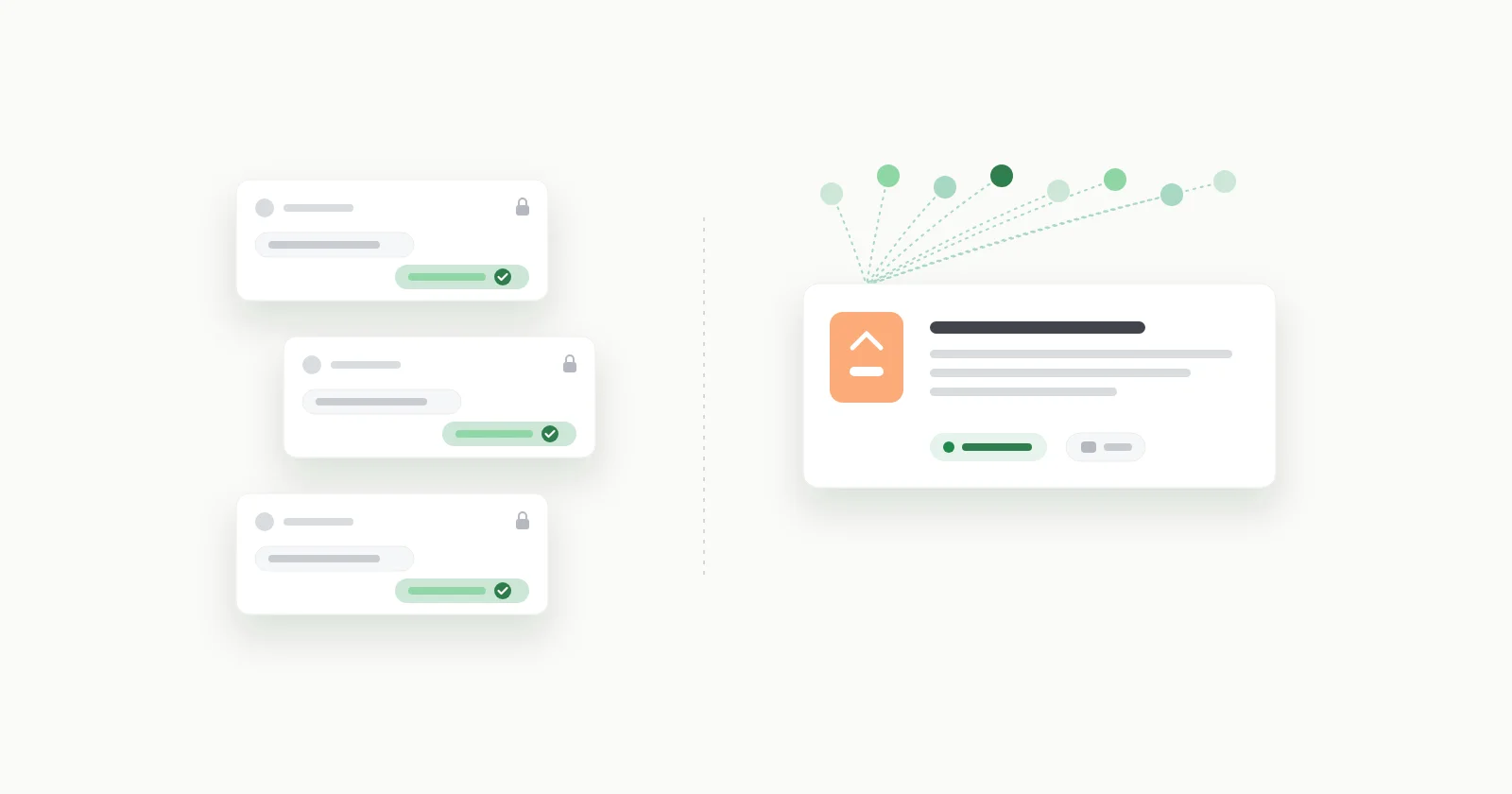 Three private chat threads on the left, each with a lock and a solved check mark, beside one feedback card on the right whose apricot vote button eight user dots converge on