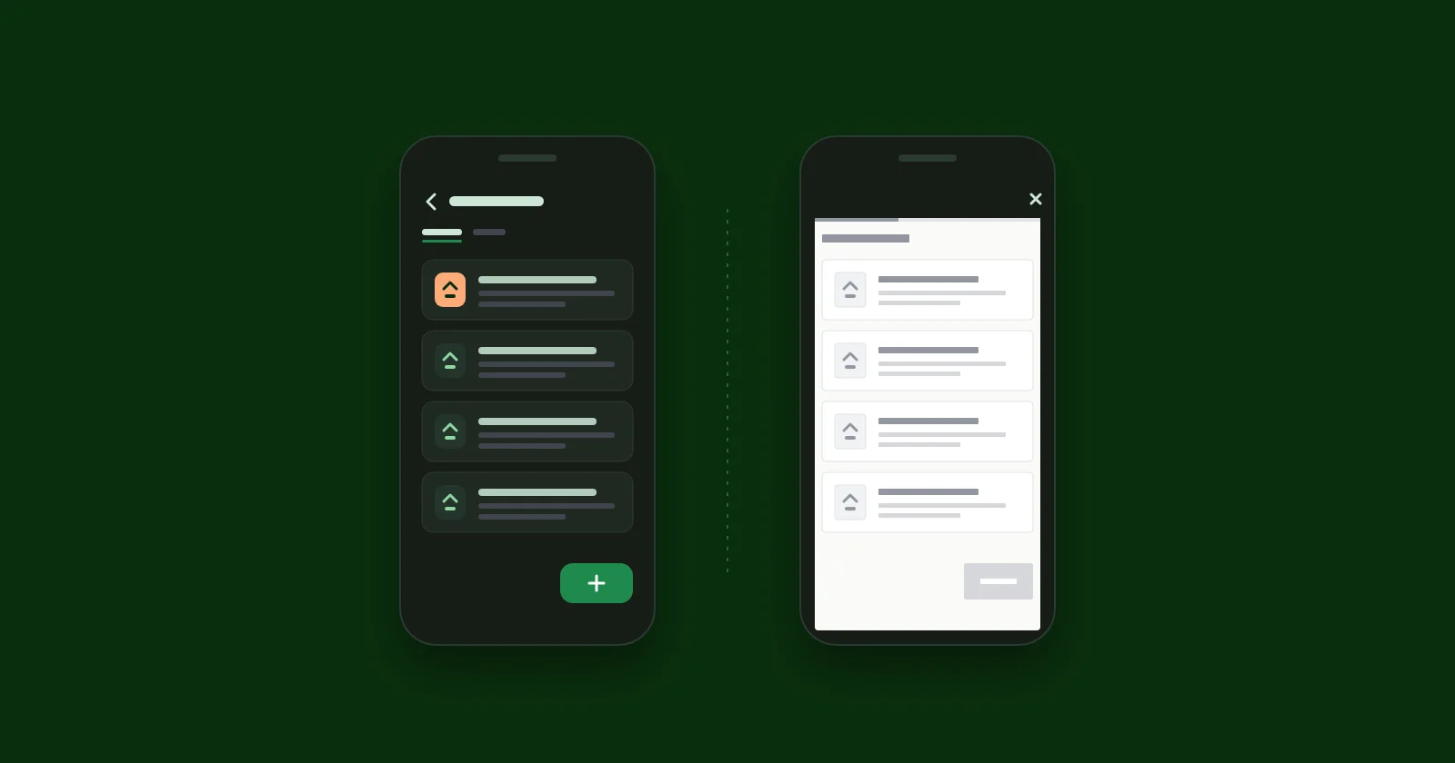 Two phones side by side on a dark green panel: the left shows a feedback board drawn in the app's own dark theme, the right shows a bright white web page with a browser-style loading bar inside an otherwise dark app