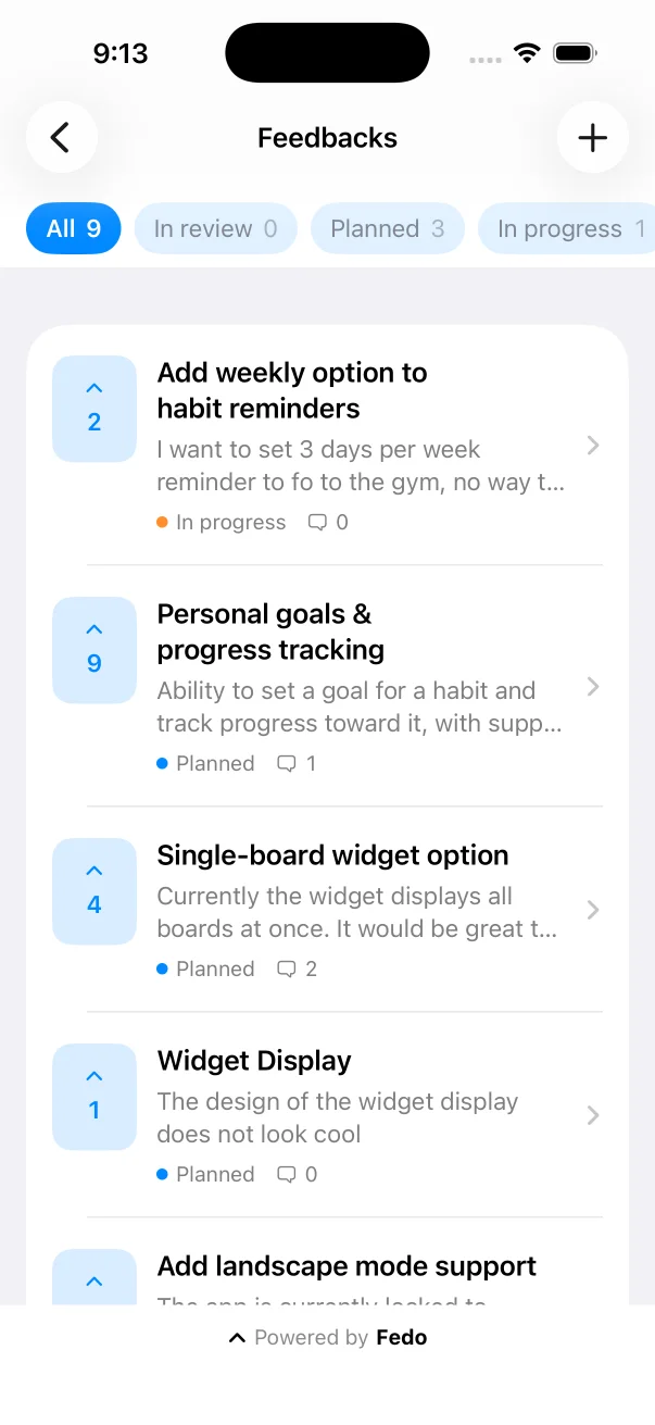 fedo feedback screen in an iPhone app: requests with upvote counts, status filters and an add button